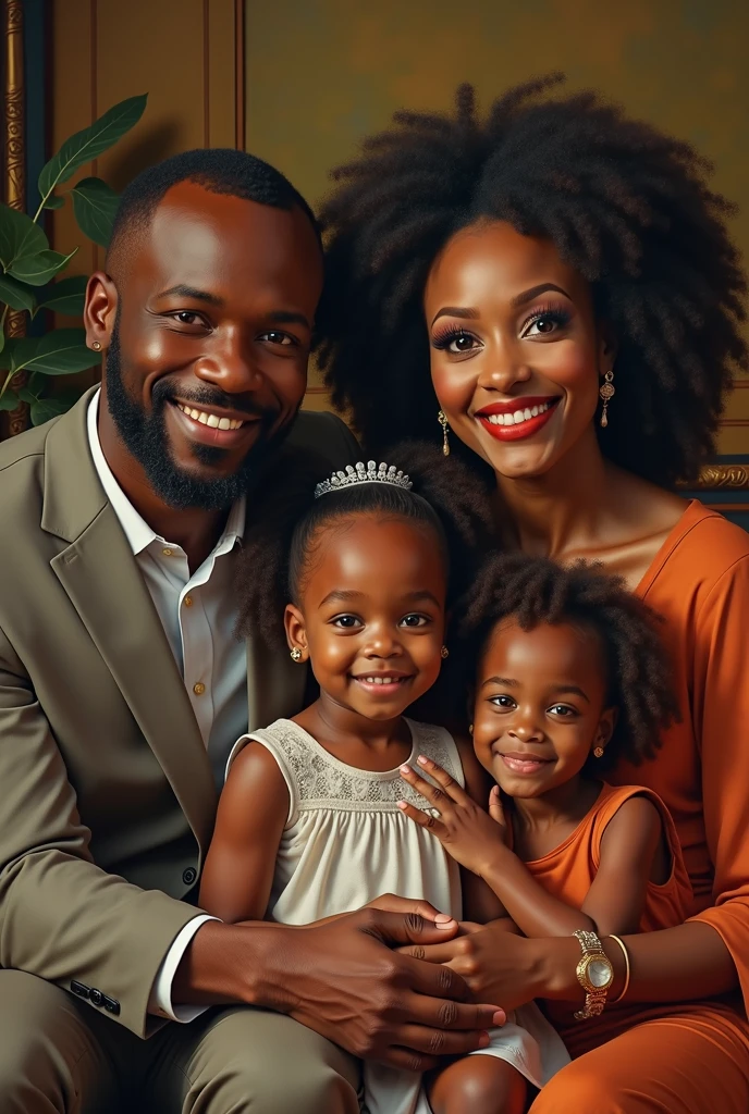Painting of a Photograph of a black family of two middle ages adults male 55 and female 48 with two young adults male 23 and female 25, rich, affluent, inflential, respectable, poised, excellent carriage happy, smiling, warmth, perfect faces, very fit, brown eyes, opulent sorroundings 4k, hyper-resolution,