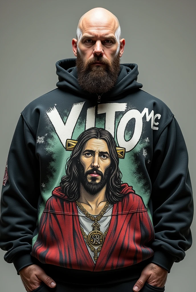 White rapper, thick build, bald, with a beard and mustache, wearing a sweatshirt with graffiti that says Vito Mc next to Jesus of Nazareth, a caricature