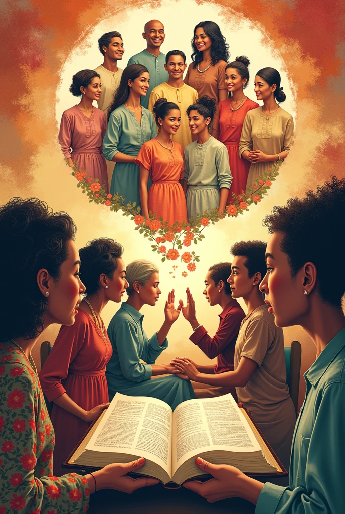 Design an image of an open book or speech bubble with various symbols representing different genders and cultures (like gender symbols, ethnic patterns, and traditional attire). Around the book or bubble, include images of diverse people (e.g., different races and genders) holding hands or sharing ideas, symbolizing the positive impact of inclusive language. Then add at the center "Words Matter: Foster Inclusivity by Honoring All Genders and Cultures"