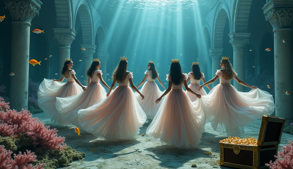 Extra wide angle 16:9 in a big under water ballroom. A super-realistic 18 y.o. beautiful queen sisters and friends, europeans, dressed in a black many layered medieval lace-dresses in many layered riven and flowing with gothic garnish. Hyper-realistic fine detailed human eyes 1:1, black long flowing hair with black crowns and light blonde long hair, wearing gold crowns with pink crystals and white and pale pink lace medieval dresses 1:1. All the queens have best perfect hands, five fingers on each hand, small breasts cleavage, (fine detailed perfect eyes 1:1). Hyper detailed skin on body 1:1. Their faces have perfect detailed skin 1:1. They are all floating in a dark deep sea above a((big medieval ballroom very old realistic 1:3) in an old gothic perished palace)) on the bottom of the sea. Night scene with only pale moonlight. On the bottom of the palace floor are pink corals. Sea moss. Bright colored blue, pink, orange, green fishes swimming around. Octopus. Treasure chest with gold coins and jewelry in it. A fantastic scene that uses 3D Surreal 3D model.The entire setup is masterpiece 1:3 framed with the grandeur of medieval gothic style. photographed in a Canon EOS R5, 50mm Lens, F/2.8, (8K)"