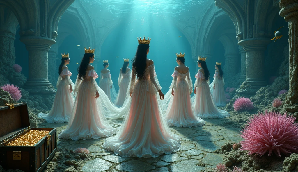 "A full-body shot of a (extra wide angle 1:1) portrait, in a dark deep sea (medieval ballroom very old) in an old gothic palace, under the sea. ((Super-big ballroom.)) 2 Pulchritudinous queens goddesses twin sisters, wearing their diamond pink crystal crown 1:1, and their 3 girlfriend,s gorgeous blonde and brunette with perfect extra beautiful (((detaled face))), swimming around in the sea. Swimming down at the bottom with their feet up, swimming sideways. The queens have a big light-colored very finely detailed eyes, black super-long long hair. Their Exquisite girlfriend queen have an extra long hair, crown also big bright blue finely detailed eyes.Their wearing black dresses. Pale pink, white, black with gold and diamond dresses. Dresses in many layered lace and chiffon riven apart and wet ( perfect hands, five fingers on each hand.) Small breasts cleavage, (hyper realistic perfect eyes 1:3). Face with Pale perfect detailed skin. Hyper detailed skin on body. Queens surrounded by Perished under-water gothic palace 1:1 On the bottom of the sea are golden crowns 1:1, adorned with pink crystals 1:1. Bright colored blue, pink, orange, green fishes swimming around. Pink Corals. Sea moss. Octopus. Treasure chest with gold and jewelry in it. The scene a beautiful empresses swimming ghostly, their super long 1:1 hair flowing all around. Sad. Scared(Best Quality Detailed faces)1:1. A medieval fairytale vibe, with a big black intricate throne in a corner at the bottom with sea moss on it. In a fantastic scene that uses 3D Surreal 3D model. Big gold gothic medieval five armed on the seafloor, surrounded by crystal wine glasses—one tipped over and broken. The entire setup is masterpiece 1:3 framed with the grandeur of medieval gothic style. photographed in a Canon EOS R5, 50mm Lens, F/2.8, nffsw, (8K)"