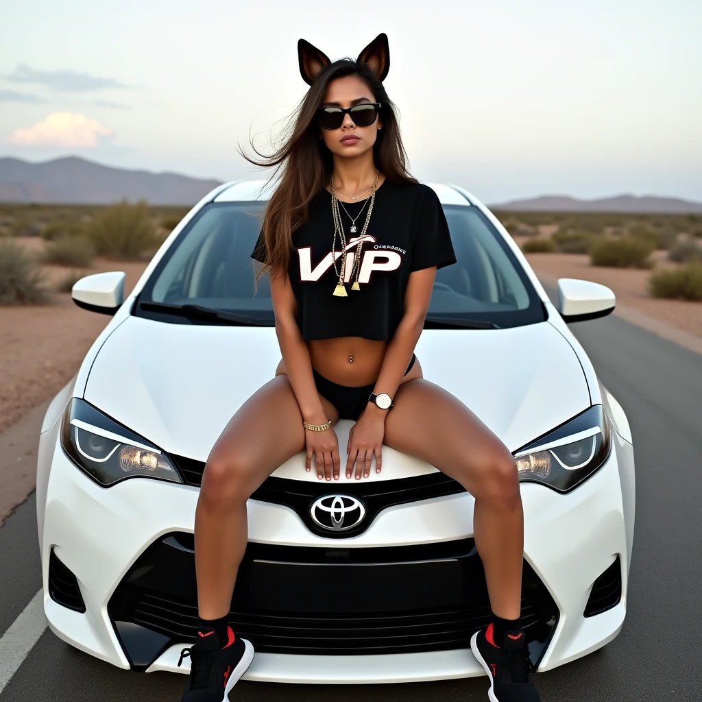 Latin woman, 18 years, Brown hair, huge breasts, athletic body, Athletic legs, black lingerie, fox ears, Black t-shirt cut to the navel with the legend: Queretaro VIP", Sunglasses, black Adidas tennis shoes, gold watch on the wrist, gold chain with on the neck, sitting on the hood of a white 2016 Toyota Corolla, on a deserted road