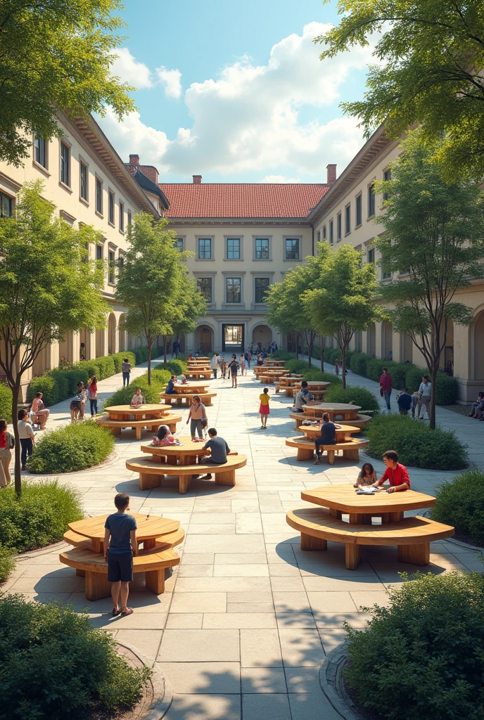 In an area of 500 square meters, a university courtyard is created where daily activities are carried out with table furniture using unfolded surfaces and unevenness.