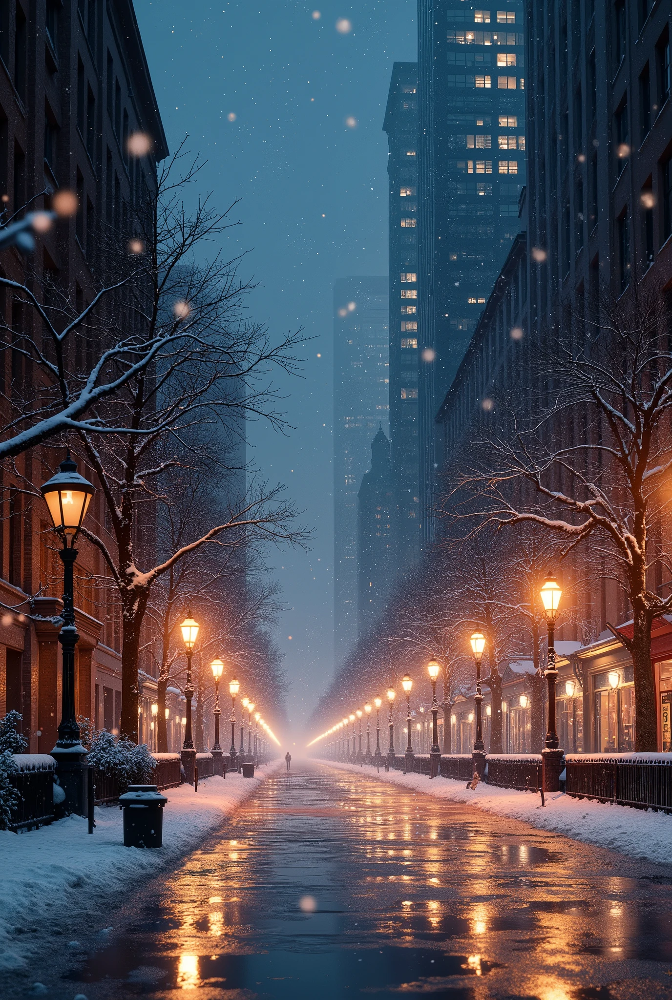 Christmas night, rain turning to snow, snowfall illuminating the city lights, Holy Night,