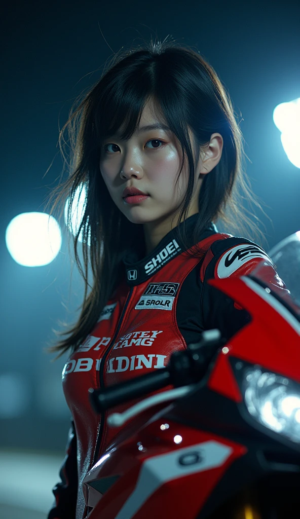 (very beautiful Japanese high school girl), professional motorcycle racer, about to Ride on a racing motorcycle, at circuit at night, dramatic scene, masterpiece, (cowboy shot:1.3), clear helmet visor, beautiful eyes, Honda CBR1000RR, Shoei helmet, (wearing motorcycle racer's outfits)