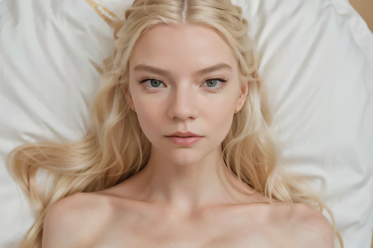 Best Quality, Ultra Detail, Gold Ratio, Masterpiece Image of any4 blonde long hair, ((naked, breasts visible)), (Highly detailed skin), Blonde with white hair, Pale skin, Sharp focus, perfect eyes:1.2, soft natural light, Film grain ISO 400 30mm RAW lens aperture f1.8, (analog photo:1), hdr color close-up, (lying on her back in bed)