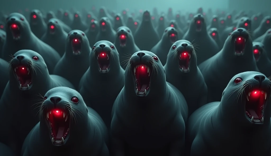 There is a shadow、Digital Art、There are a lot of seals、A large number of seals have glowing red eyes、There are no people、No one in sight、Close-up of a large number of seals、A large number of seals with their mouths wide open、Horror