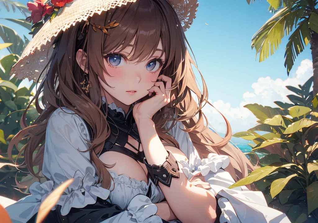 Realistic photos, Focus distance 10mm, Red and white, Beautiful girl, Realistic photos, Shooting at focus distance 10mm, masterpiece, 最high quality, high quality, Very detailed CG 8k wallpaper unit, Award-winning photography, Depth of written boundary, High resolution, bloom, chromatic aberration, Realistic, Very detailed, Art Station Trends, CGsociety Trends, Complex, High detail, dramatic, Art on the go, volumetric lighting, A beautiful girl wearing a costume in the style of a Disney princess in the dreamlike world of Electro Beach. Draw her with an expression that harmonizes with the soft synth sound to match the relaxing atmosphere of the beach, Ibiza, Chestnut hair