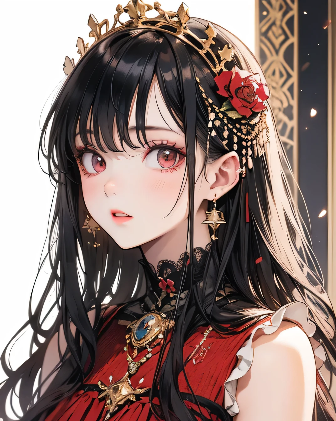 (masterpiece),(Highest quality:1.0), (Ultra-high resolution:1.0), Detailed illustrations, 8k, anime, One person, beautiful anime girl, Wearing a red dress, Flower Crown, Pretty face, Detailed face, Beautiful Eyes, Detailed eyes, Dark red eyes, Bright red lips, Red lipstick, Beautiful and stylish hair, Hair highlights, bangs anime style, Highest quality, Vibrant