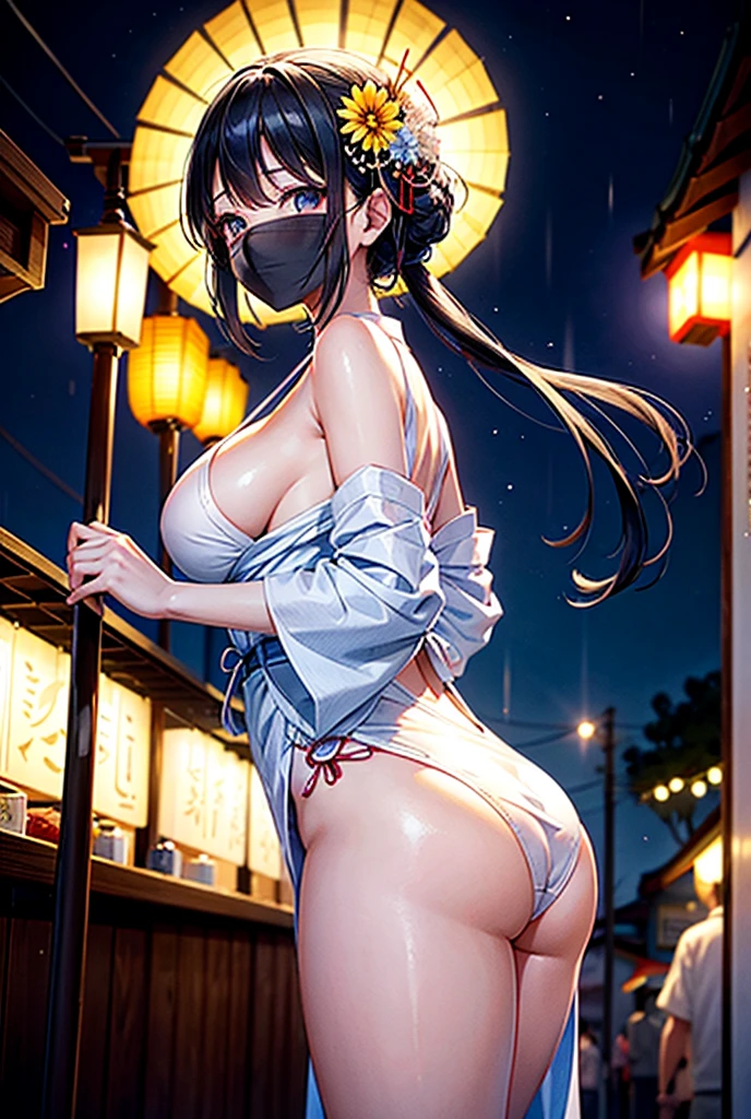 Wearing a bright white yukata on a summer night。The yukata features a delicate morning glory pattern.、Her large breasts are visible through the sudden rain、She shows off her breasts and big ass、Standing under the dim light of a lantern、Her black hair, which reaches down to her back, is blowing in the wind.。Her eyes have a deep and fascinating look、There is a slight smile on his lips。In the background、As the cool sound of wind chimes echoes、People wearing yukata々The street lined with food stalls and bustling people spreads out.、Fireworks are shining in the night sky。The overall atmosphere is、Enveloped in the mystery and coolness of a summer night、It gives off an elegant and enchanting beauty.