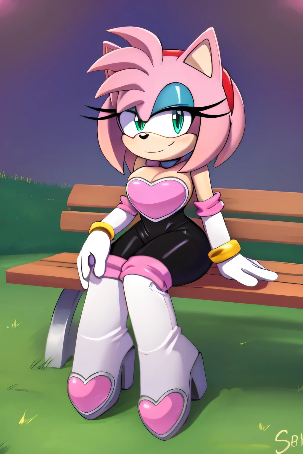 score_9, score_8_up, 2D, flat color, looking at viewer, (1girl), (solo), very detailed, extremely detailed, Amy Rose from the sonic the hedgehog series, portrait, smile, looking at viewers, hair down, hair bangs, large bust, milf, Rouge cosplay, cosplay, Rouge outfit, she wears a black skin-tight and strapless low-cut jumpsuit, a pink heart-shaped chest plate outlined with thin white trim, elbow-length white gloves and thigh-high high-heeled boots with pink cuffs to match them, with the latter featuring both gray soles and heels, along with steel toes in the appearance of pink hearts, matching her jumpsuit's chest plate, sitting on a park bench, in the city’s park on a nice sunny day, looking at viewers, legs crossed