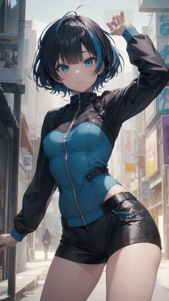 Anime character with gun and black jacket, artwork in the style of Gwaiz, Anime Style 4k yen, Gwaiz, Anime Style. 8k, Gwaiz on artstation pixiv, Gwaiz on pixiv artstation, Ilya Kuvshinov. 4k yen, 4k anime wallpaper, Cyberpunk anime, High quality anime art style, Jinx Face, Wolf Cut, short hair, hot pants, Small breasts, ((Black Hair, Inner bright blue hair:1.4)), Pitch Resuit, rubber ,Nipples, tits, R18, Nipple piercing, Slanted Eyes, Ahegao, Posing naked