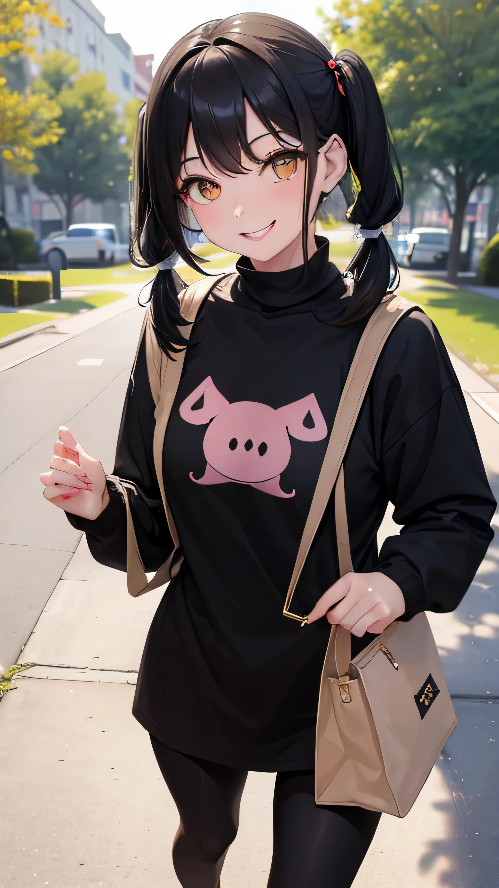 (adult woman: 1.2), black hair, golden eyes, pretty little mouth, beige skin, (2 pigtails: 1.2), smiling,big bbobswhite pull, black leggings destroy , Walk in the park