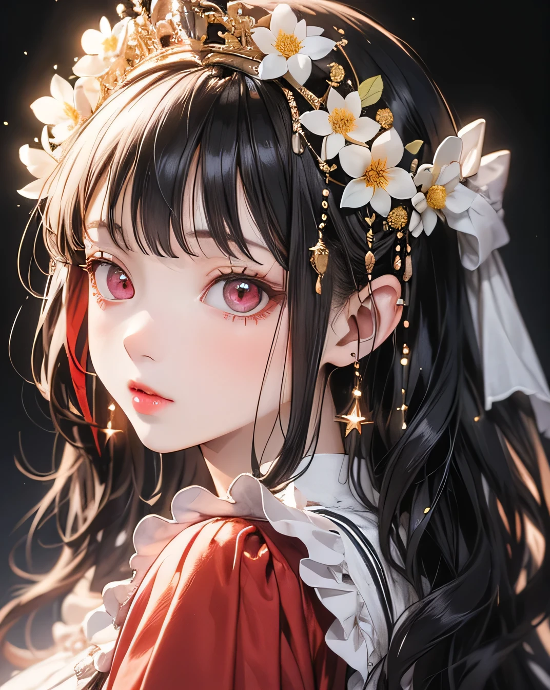 (masterpiece),(Highest quality:1.0), (Ultra-high resolution:1.0), Detailed illustrations, 8k, anime, One person, beautiful anime girl, Wearing a red dress, Flower Crown, Pretty face, Detailed face, Beautiful Eyes, Detailed eyes, Dark red eyes, Bright red lips, Red lipstick, Beautiful and stylish hair, Hair highlights, bangs anime style, Highest quality, Vibrant