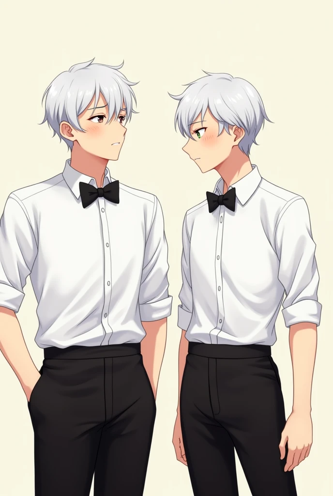 Anime Men with Ear Level Short Hair White Wearing a waiter's uniform, she was embarrassed.