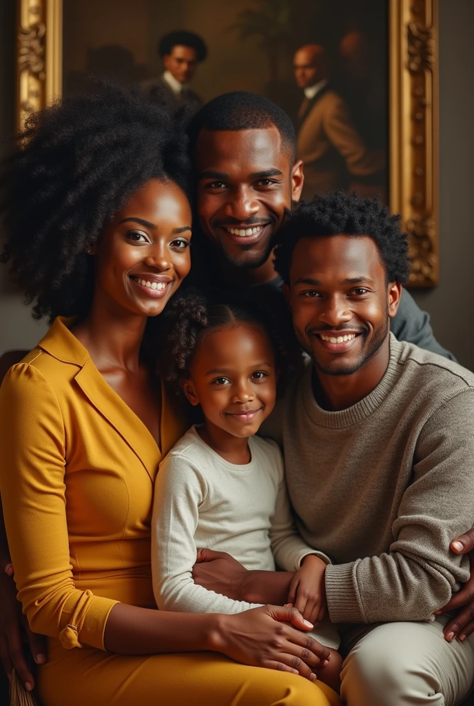 Painting of a Photograph of a black family of two middle ages adults male 55 and female 48 with two young adults male 23 and female 25, rich, affluent, inflential, respectable, poised, excellent carriage happy, smiling, warmth, perfect faces, very fit, brown eyes, opulent sorroundings 4k, hyper-resolution,
