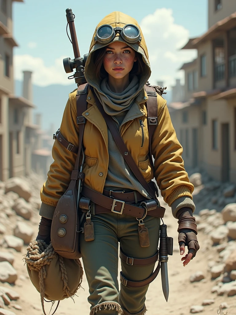 Create scavenger character post-apocalyptic walking in westland, digital painting style, 8k details, female, late teens, stern and world-weary, clothing cobbled together from whatever she can find, goggles, perhaps a hood, carrying a bag (trashbag or perhaps rope net) of scavenged items, show makeshift knife on her belt, show beat up looking rifle on her shoulder