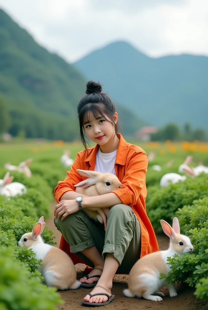 Beautiful white Korean girl. Well-groomed face, tied black hair, orange shirt, white t-shirt, knee-length cropped cargo pants, cool watch, cargo sandals, posing in a carrot field, hugging a rabbit, lots of rabbits running around in the carrot field, very exotic green mountain background, real photo, realistic