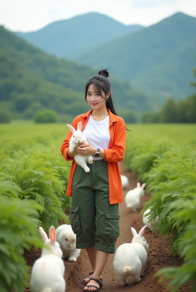 Beautiful white Korean girl. Well-groomed face, tied black hair, orange shirt, white t-shirt, knee-length cropped cargo pants, cool watch, cargo sandals, posing in a carrot field, hugging a rabbit, lots of rabbits running around in the carrot field, very exotic green mountain background, real photo, realistic