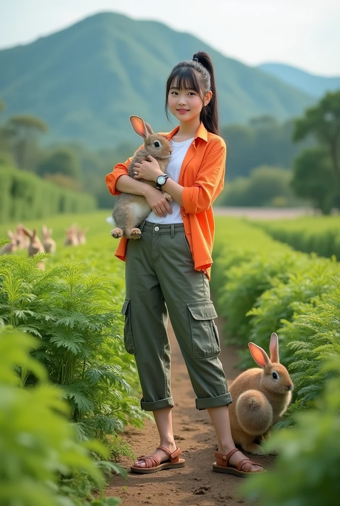 Beautiful white Korean girl. Well-groomed face, tied black hair, orange shirt, white t-shirt, knee-length cropped cargo pants, cool watch, cargo sandals, posing in a carrot field, hugging a rabbit, lots of rabbits running around in the carrot field, very exotic green mountain background, real photo, realistic