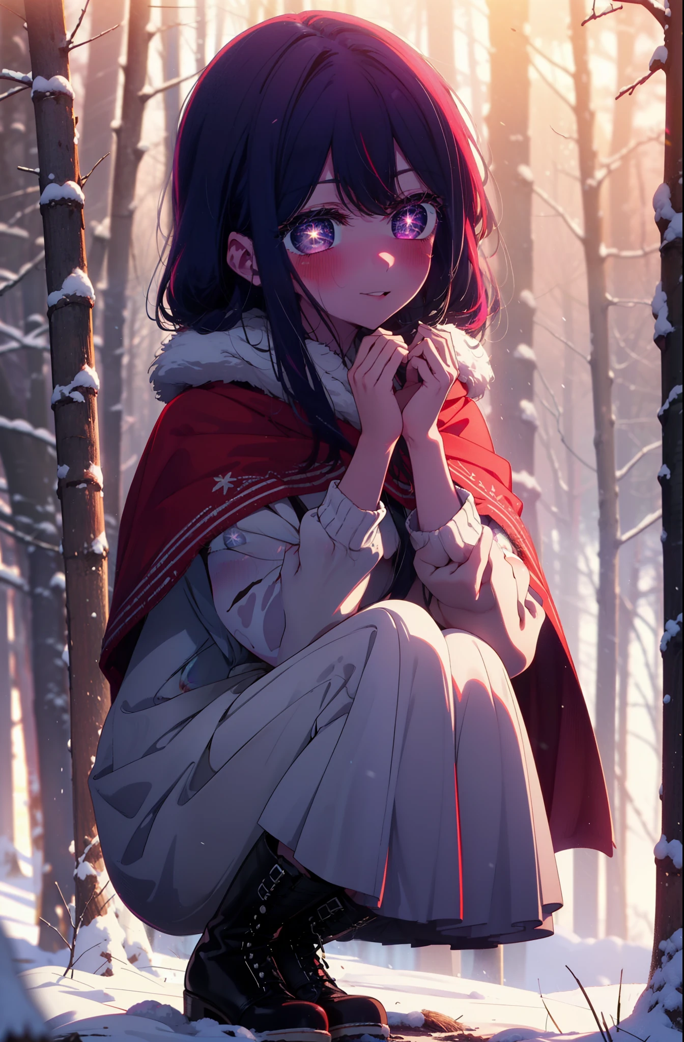 aihoshino, Ai Hoshino, Long Hair, bangs, (Purple eyes:1.1), Purple Hair, (Symbol-shaped pupil:1.5), smile,,smile,blush,white breath,
Open your mouth,snow,Ground bonfire, Outdoor, boots, snowing, From the side, wood, suitcase, Cape, Blurred, , forest, White handbag, nature, Squat, Mouth closed, Cape, winter, Written boundary depth, Black shoes, red Cape break looking at viewer, Upper Body, whole body, break Outdoor, forest, nature, break (masterpiece:1.2), Highest quality, High resolution, unity 8k wallpaper, (shape:0.8), (Beautiful and beautiful eyes:1.6), Highly detailed face, Perfect lighting, Extremely detailed CG, (Perfect hands, Perfect Anatomy),
