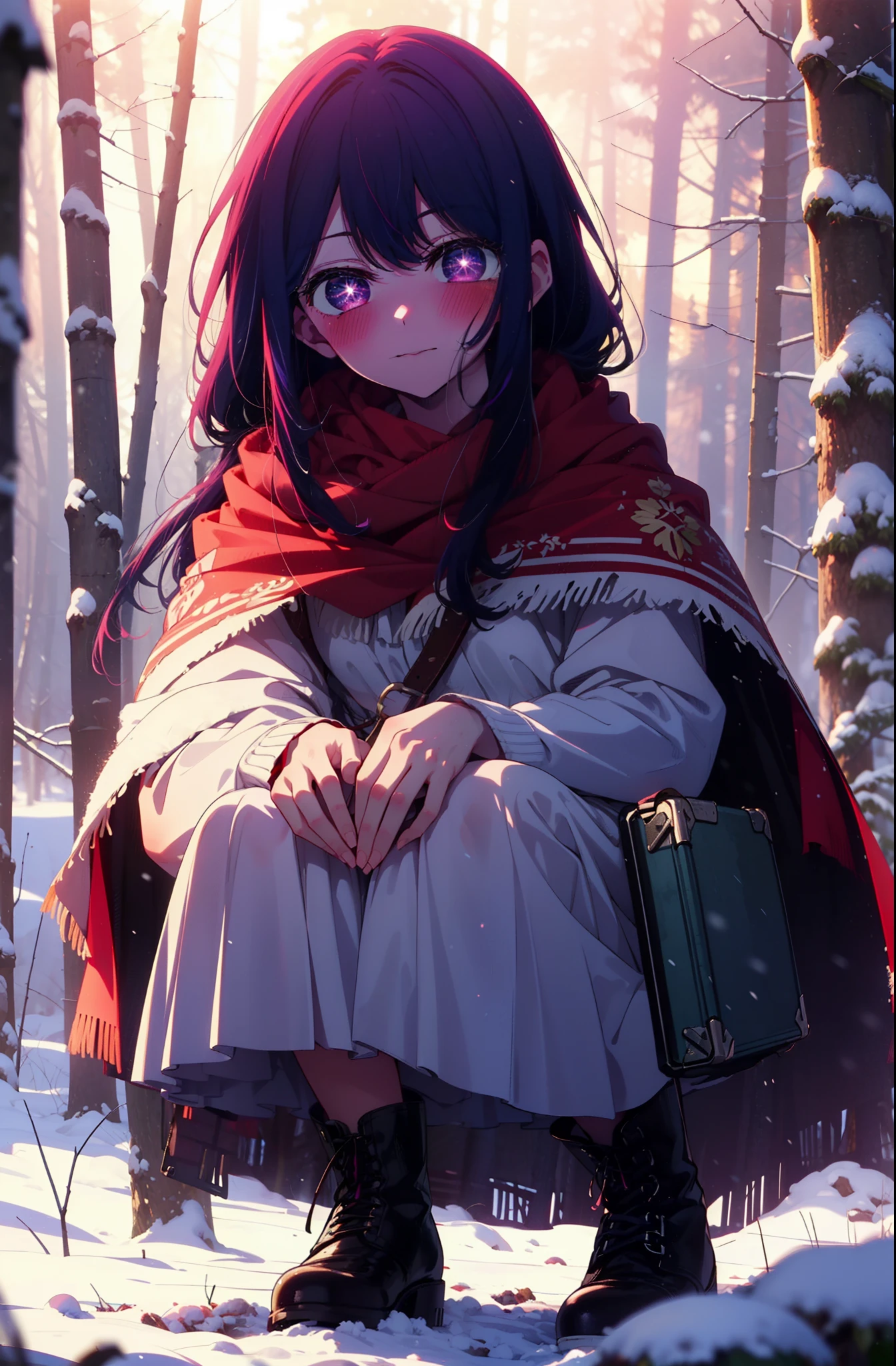 aihoshino, Ai Hoshino, Long Hair, bangs, (Purple eyes:1.1), Purple Hair, (Symbol-shaped pupil:1.5), smile,,smile,blush,white breath,
Open your mouth,snow,Ground bonfire, Outdoor, boots, snowing, From the side, wood, suitcase, Cape, Blurred, , forest, White handbag, nature,  Squat, Mouth closed, Cape, winter, Written boundary depth, Black shoes, red Cape break looking at viewer, Upper Body, whole body, break Outdoor, forest, nature, break (masterpiece:1.2), Highest quality, High resolution, unity 8k wallpaper, (shape:0.8), (Beautiful and beautiful eyes:1.6), Highly detailed face, Perfect lighting, Extremely detailed CG, (Perfect hands, Perfect Anatomy),
