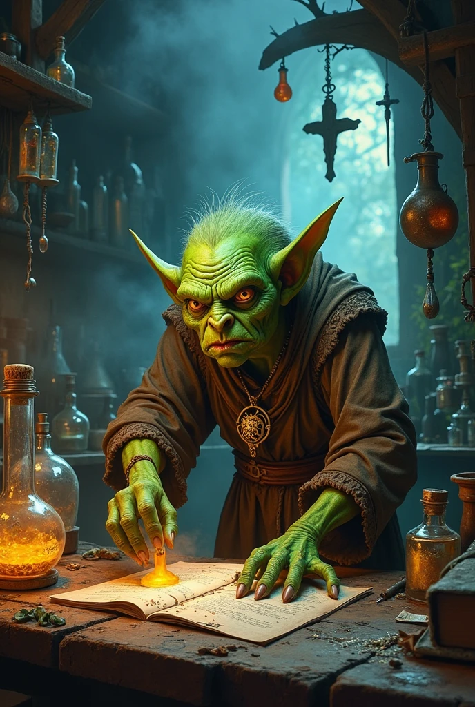 A 1, ugly goblin alchemist devoted to Nimb from the Tormenta20 universe. The goblin has wrinkled green skin, a crooked nose, and small, beady eyes that gleam with intelligence. He wears tattered robes stained with various alchemical substances, and around his neck hangs an amulet bearing the symbol of Nimb. His workspace is cluttered with bubbling potions, mysterious ingredients, and ancient tomes, with vials and flasks emitting strange, colorful fumes. The goblin is hunched over a workbench, concentrating intensely as he carefully mixes a potion. The background is a dimly lit, rustic laboratory filled with arcane symbols, giving the scene an air of dark magic and devotion.