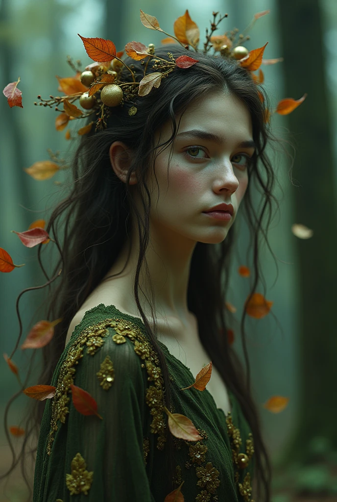 Desolate Echoes: A Portrait of Solitude,
strong wind blows the leaves in forest autum,divine presence, mythical being
, close-up portrait, extreme close-up, hide, , high-angle shot, over-the-shoulder shot, rear projection, found footage, 3D effect ultra-detailed intricate insanely full HD, golden ratio, volumetric modeling, spotlight embroidery, accents, ethereal, dreamy, heavenly, otherworldly, hyperrealist artwork by Iván Pili, inocent eyes, autum is coming, surreal scene, long hair made of leaves blowing in the wind, intricate details insanely dress made of green, red, brown leaves