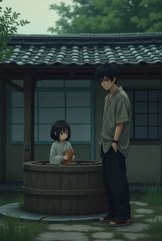 A young Japanese man in his early 20s stands beside a traditional well in an old Japanese backyard during the evening. His expression is cold and detached, as he holds his young sister's hand. The , around , looks sad and tearful, clutching a small stuffed toy.
