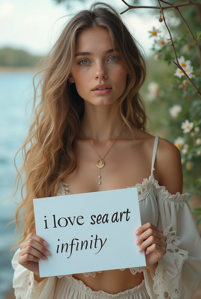 Beautiful girl with wavy long hair, bohemian dress, holding a white board with text "I Love Seaart Infinity" and showing it to the viewer