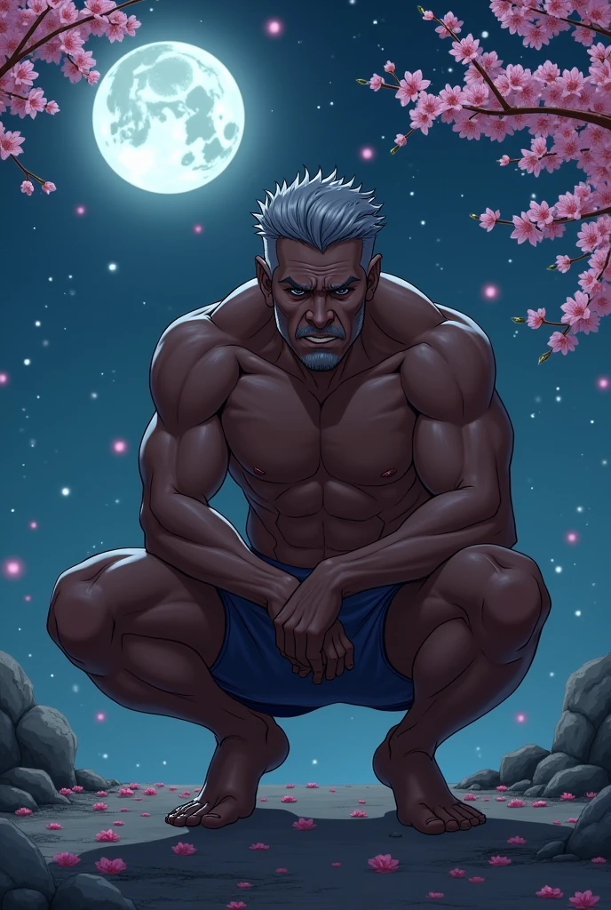 (man:1.5)、Short Hair、Gray Hair、Dark Skin、Muscular erection、Highest quality、sweating、Cherry Blossoms at Night、Night starry sky、full moon、Embarrassed face、anal sex ,squatting, spread legs
