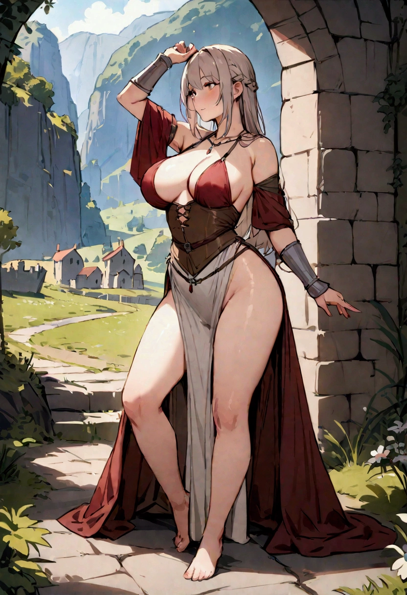 Best quality, masterpiece, female, fantasy, medieval clothing, nature background, breasts, sexy pose, full body