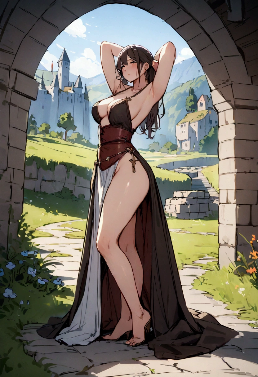 Best quality, masterpiece, female, fantasy, medieval clothing, nature background, breasts, sexy pose, full body