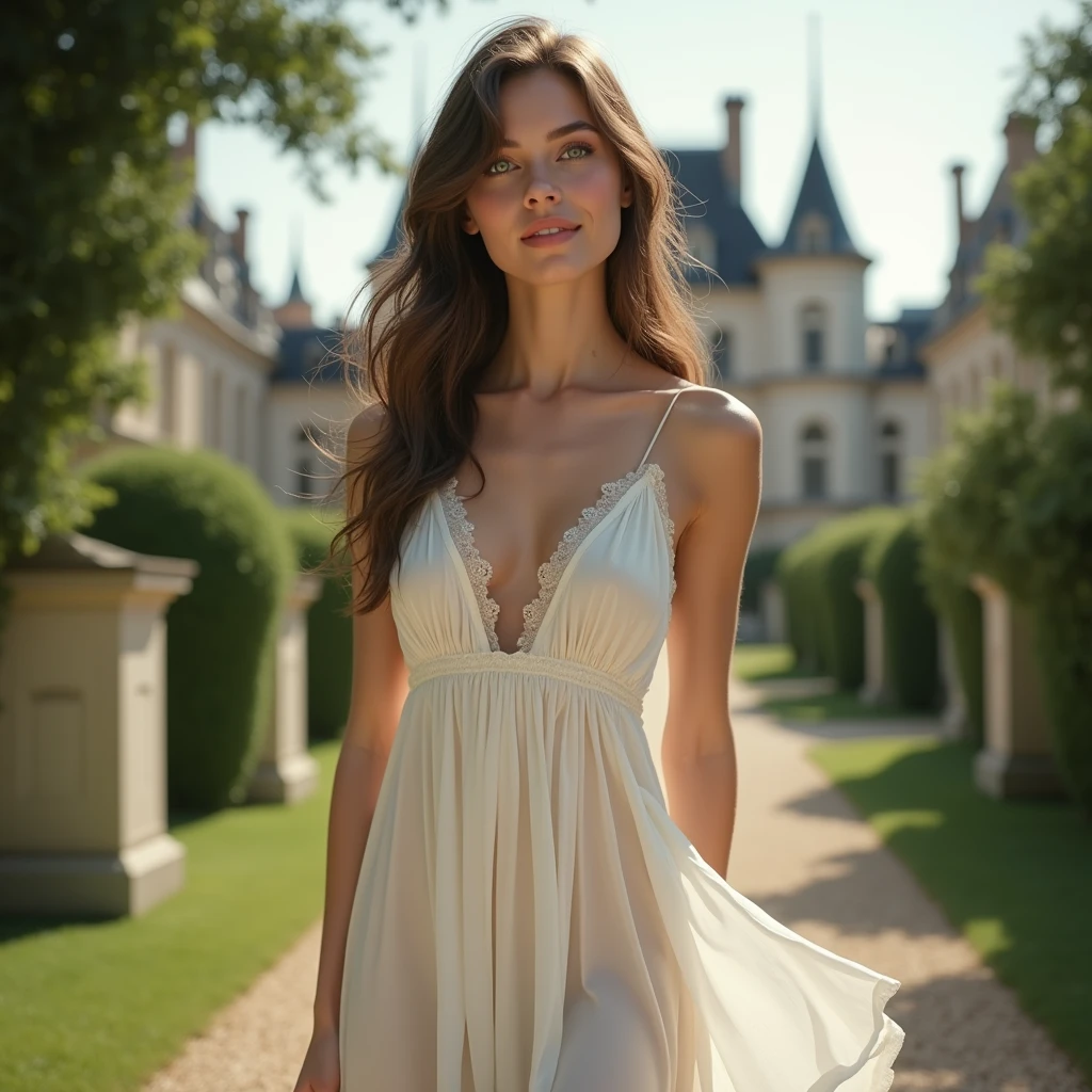 (photorealism:1.2), (full body shot:1.9) Beautiful, stunning, gorgeous, stunning woman, brown hair, green eyes, slender legs, soft features, muse, goddess, realistic skin, extremely detailed full body shot of a strikingly stunning woman, white silk summer dress, chateau