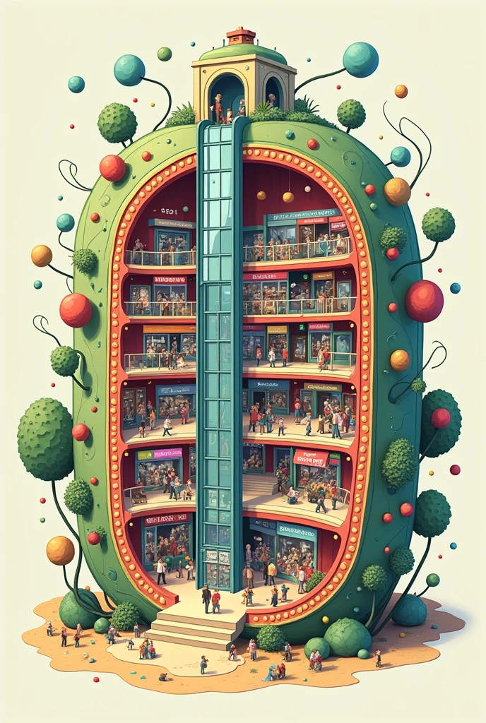 human cell as a mall drawing with elevator and structure is attach on it