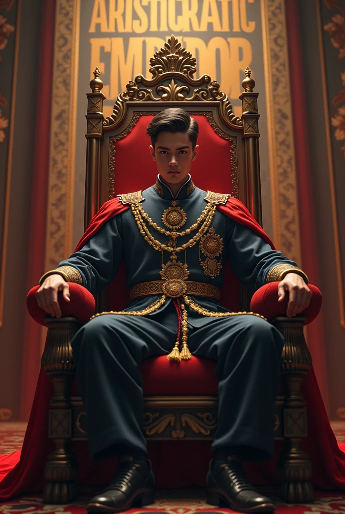 Create an image of an attitude boy of 17 years sitting on a imperial chair with royal background and write 'ARISTOCRATIC EMPEROR' written on the wall behind the boy chair.