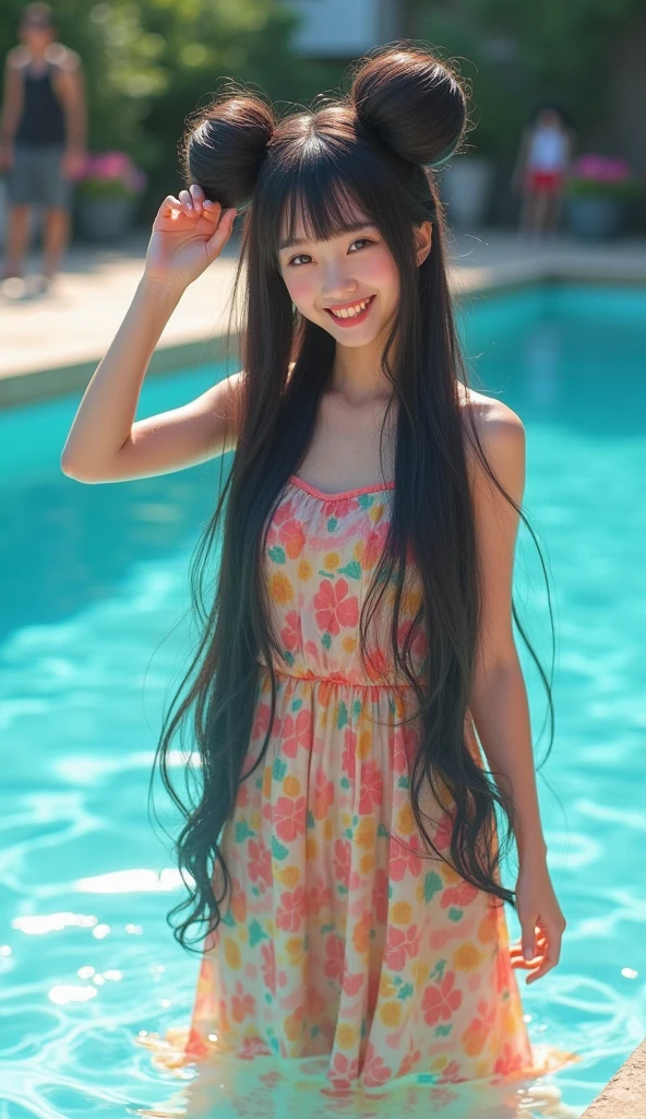 、Full body photo、Taken from about 4 meters away、ultra-realistic、. pretty Japanese girl,(( with hair Bun)),((The size of the bun is 6 times the size of his head)),round hairbun,very longhair girl, floor length hair, very thick hair,full hair on floor,(one hand lift hair),wear colour full long dress,on swimming pool, bright sunlight from side,laugh,