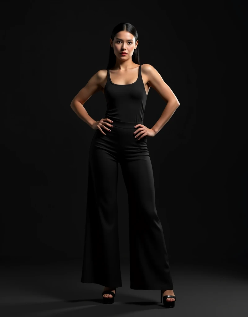 In a sleek, black studio with a high-contrast backdrop, she wears a fitted, sleeveless black bodysuit paired with high-waisted, wide-leg trousers. Her black hair is pulled back into a sleek bun. She stands with one foot forward, her hand resting on her hip and the other slightly bent, giving a confident and assertive look. Her gaze is directed straight at the camera, exuding strength and poise. The lighting emphasizes the clean lines of her outfit and the strong, dynamic nature of her pose.