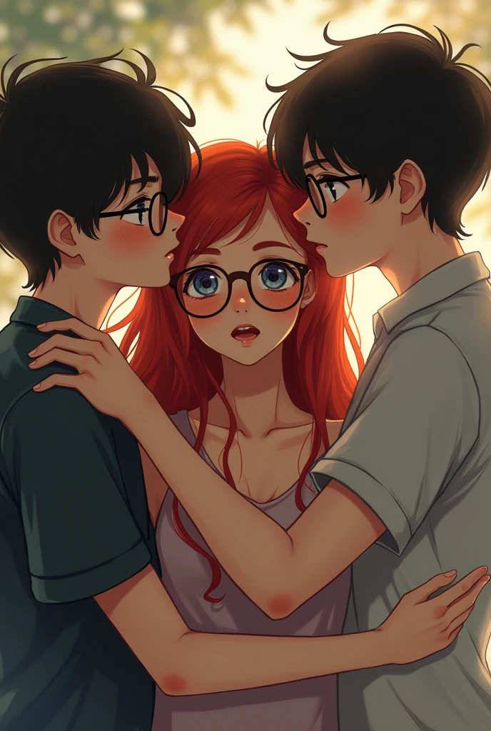 A red-haired girl caught in the arms of two boys with glasses

