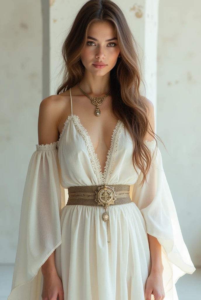 Modern princess, stark, warrioress, sexly, feminine, femininity, dainty, white, slanted brown eyes, long light brown hair, Old dress, jewelry, prinxiaa white, brownhair