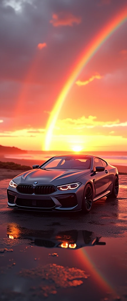 Bmw M8 competition in sunset with rainbow 