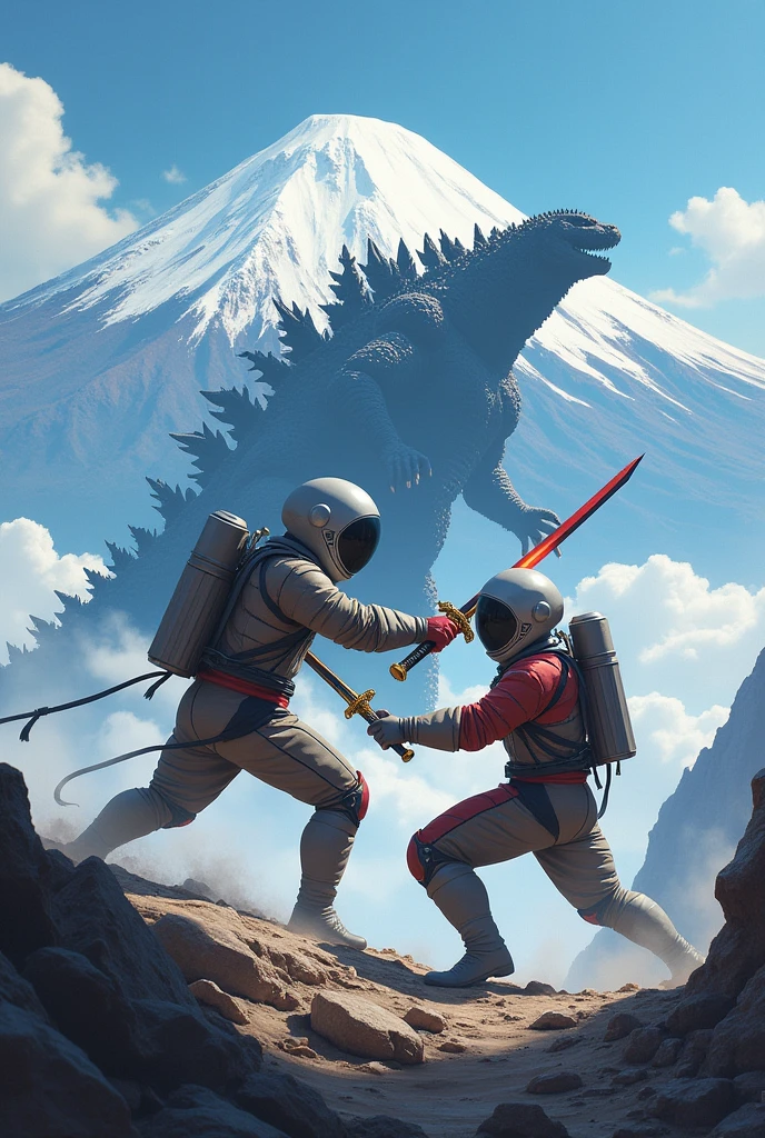2 Among Us who are fighting in Mount Fuji in Japan with a Mythical sword and Godzilla is behind watching them.