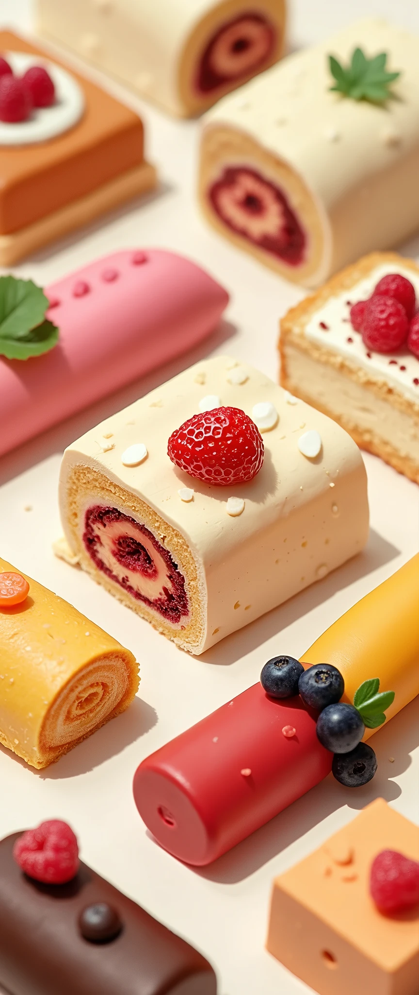 (masterpiece:1.2, Highest quality,Ultra-high resolution,Super detailed),8k,(wallpaper),(Best illustrations:2.0),(Cake shopには様々Roll cakes made with various fruits are arranged in a square shape.,Cake shop,Pastry chef,Very simple design),(isometric illustration:2.0)