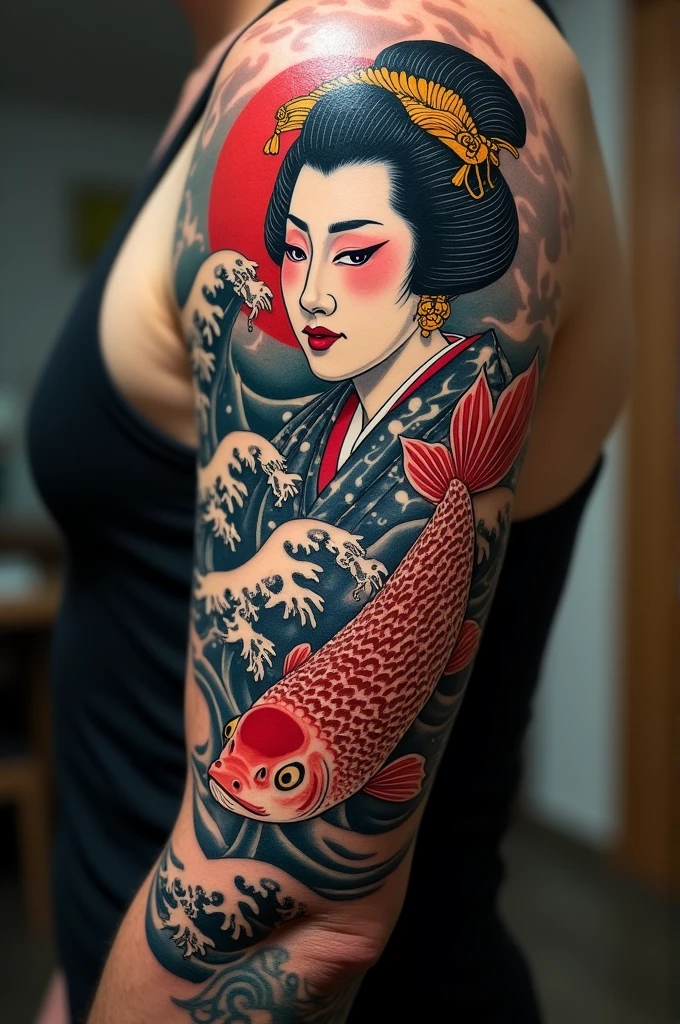 A tattoo of a kabuki on the upper arm and a fish on the lower arm.