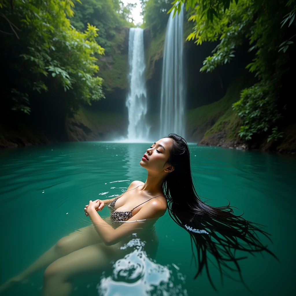 A beautiful Indonesian woman, floating swimming in the river in clear water under the rainforest waterfall. floating Wet hair face down with the back of the body visible under the water, look at the viewer, realistic photography, vivid light, wide angle shot from top.