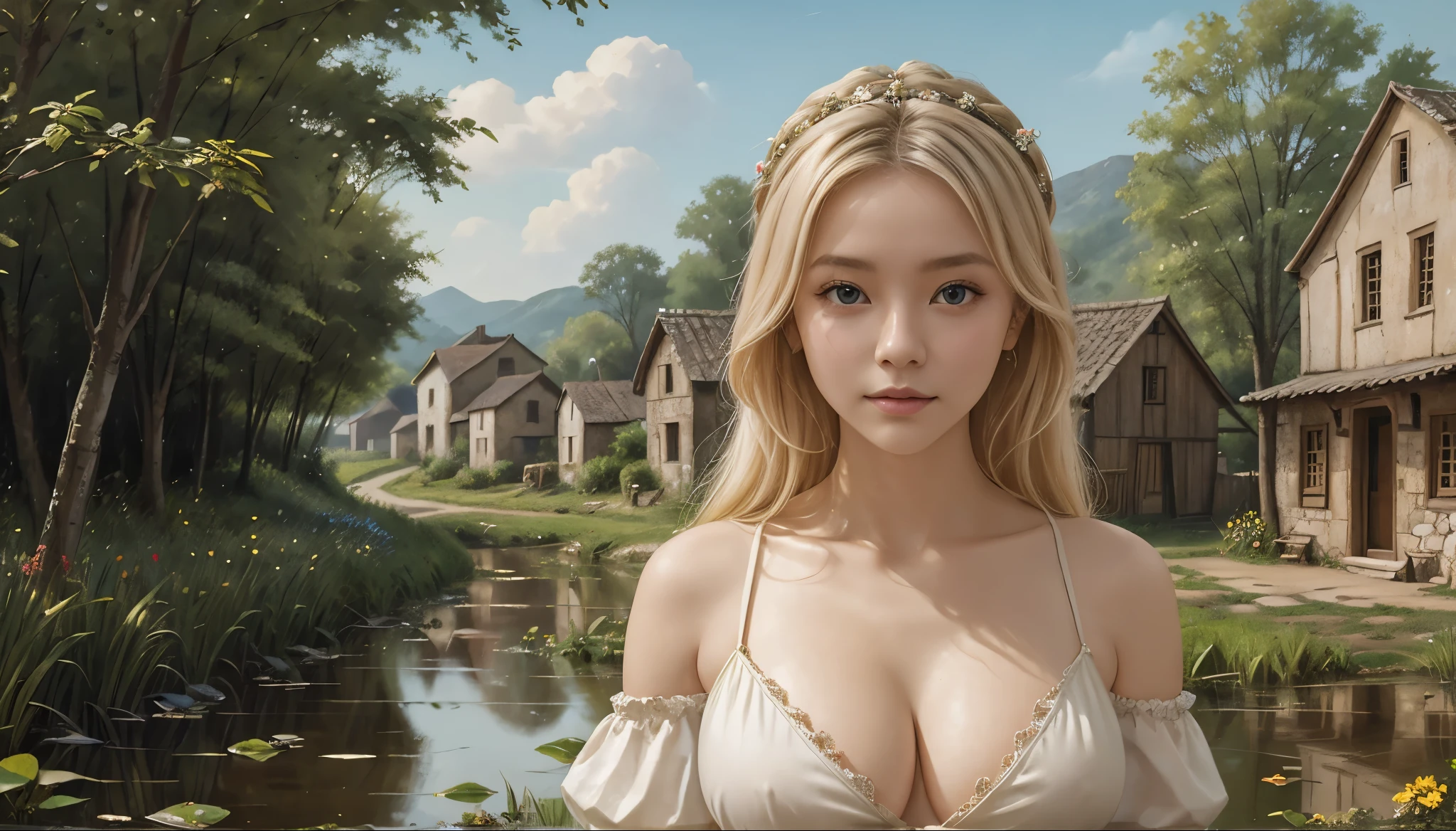 masterpiece, a painting of Guinwen by Crvgg, Guinwen as a young maid, 8k, 1 girl, realistic oil painting, pretty face, Face of Guinwen, beautifully detailed eyes, muito detalhado, blond hair, blonde hair, gray eyes, visible waist, large breasts, huge breasts, full cleavage, Hairline, in the background a medieval farming village, Farmers in the background, Peasant dress, fully clothed, Mediovale, Portrait, Fields in the background, small farmhouses, full body, oil painting, nipples showing,