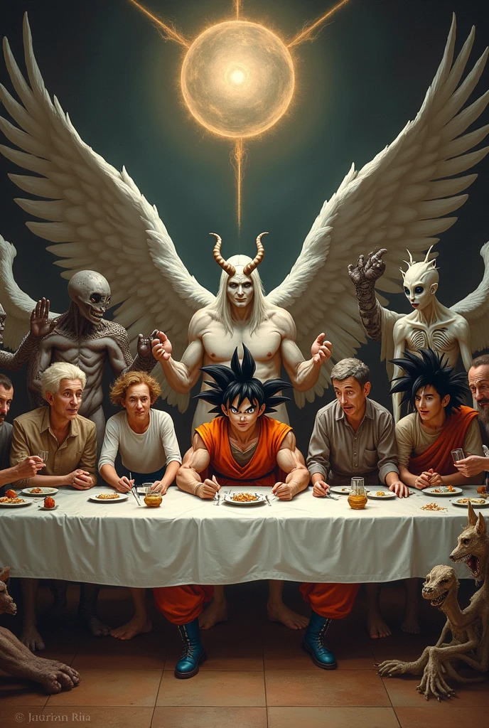 change all people in the last supper painting to,
angel with wings,
alien with big eyes,
satan with smile face has horny forhead, gokou with supersaiyan god,
mr bean,
and other change to devil and alien
and all of background and table theme to the last supper