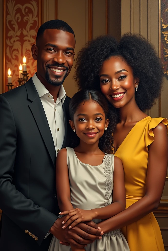 Painting of a Photograph of a black family of two middle aged adults male age 55 and female age 48 with two young adults male 23 and female 25, rich, affluent, inflential, respectable, poised, excellent carriage happy, smiling, warmth, perfect faces, very fit, brown eyes, opulent sorroundings 4k, hyper-resolution,