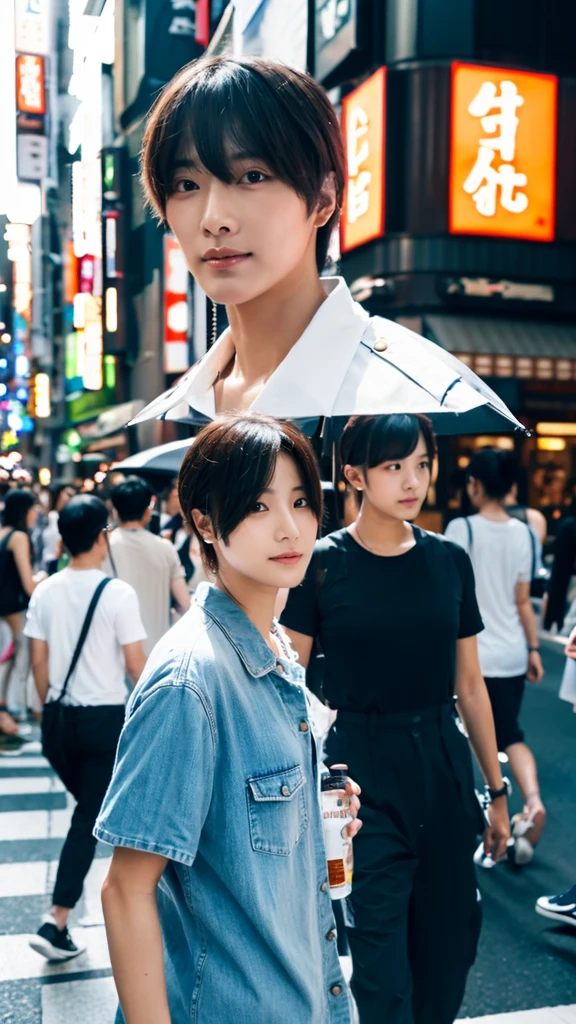 Photorealistic, 8K full-body poster, good looking, Japanese, 2 male, Attractive look, Detailed facial details, Tokyo, summer, Shibuya in the background