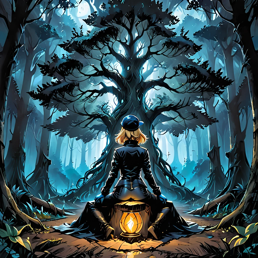 back view, giant dead tree, dark, dark atmosphere,  from the back ((girl in Blue zipped up down winter jacket and black turtleneck )) and (jeans) and blue gloves and (((blue winter hat)))) in a lotus pose in front of giant dead treel, tropical forest, night, adult, [Nordic], Hourglass elongated fitness body, perfect Olive skin, Rounded shoulders, perfect hand,  (Short blonde Waves pixie hair), long slim fitness legs, graphic style of novel comics, perfect hands, 2d, 8k, hyperrealism, masterpiece, high resolution, best quality, ultra-detailed, super realistic, Hyperrealistic art, high-quality, ultra high res, highest detailed, lot of details, Extremely high-resolution details, incredibly lifelike, colourful, soft cinematic light,